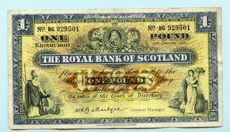 Royal Bank of Scotland  £1 One Pound Note Dated 2nd January 1962