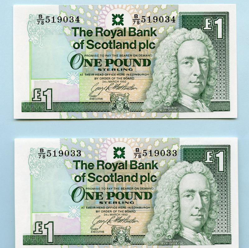 Pair of Royal Bank of Scotland  £1 One Pound Notes  Dated 24th of March 1992