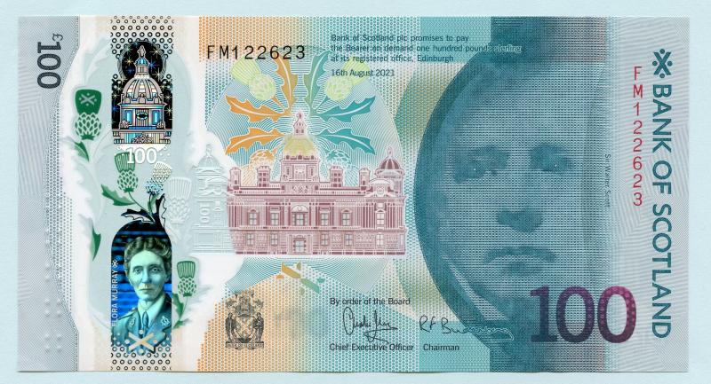 Bank of Scotland New Polymer Dr Flora Murray Commemorative £100 One Hundred Pounds Note Dated 16th August 2021
