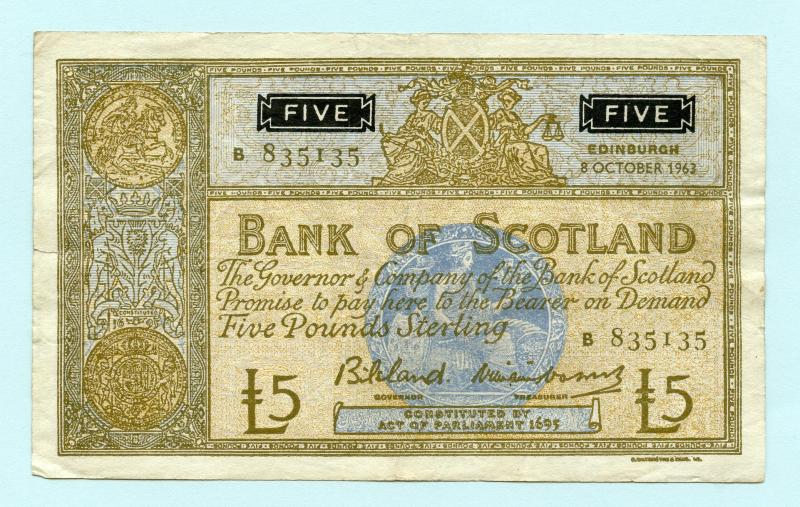 Bank of Scotland £5 Five Pounds Note Dated 8th October 1963