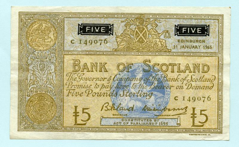 Bank of Scotland £5 Five Pounds Note Dated 11th January 1965