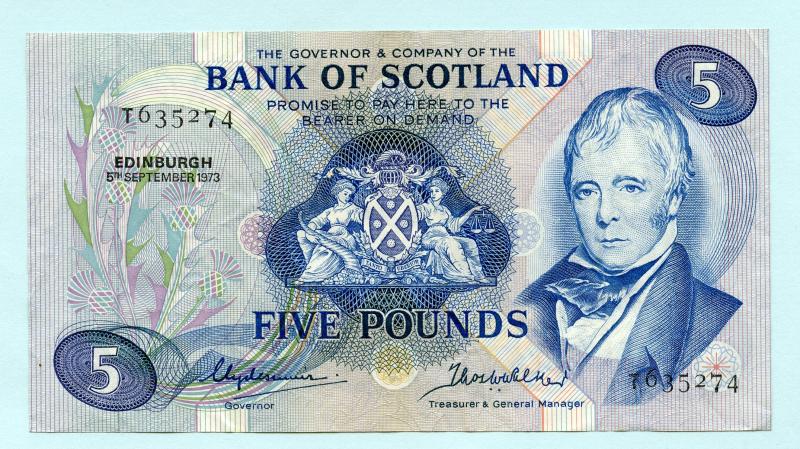 Bank of Scotland  £5 Five Pounds Note Dated 5th  September 1973