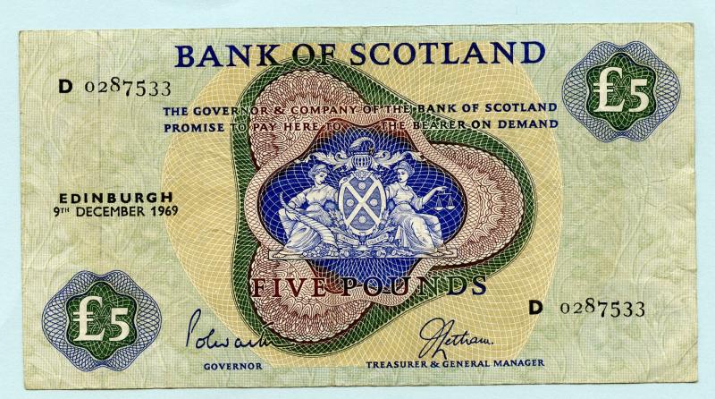 Bank of Scotland  £5 Five Pounds Note Dated 9th  December 1969