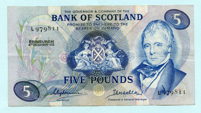 Bank of Scotland  £5 Five Pounds Note Dated 4th  December 1972
