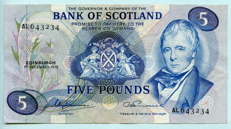 Bank of Scotland  £5 Five Pounds Note Dated 1ST  September 1975