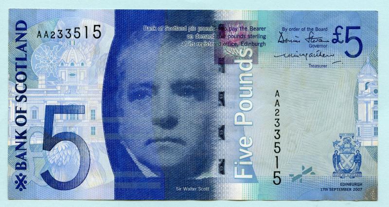 Bank of Scotland  £5 Five Pound Note Dated 17th September 2007