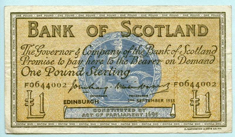 Bank of Scotland  £1 One  Pound Note Dated 2nd March 1955