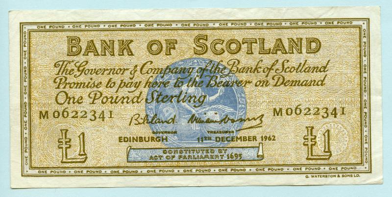 Bank of Scotland  £1 One  Pound Note Dated 11th  December 1962