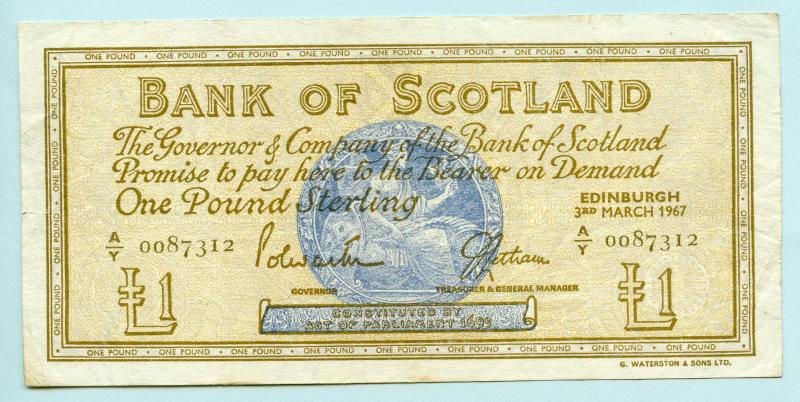 Bank of Scotland £1 One Pounds Note Dated 3rd March 1967