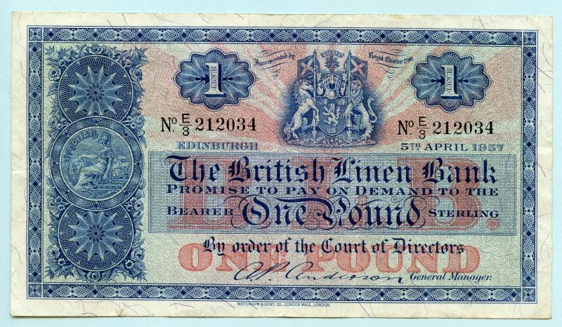 British Linen Bank  £1 One Pound Banknote Dated 5th April 1957