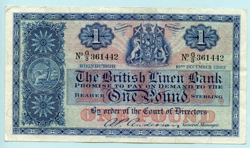 British Linen Bank  £1 One Pound Banknote Dated 5th April 1957