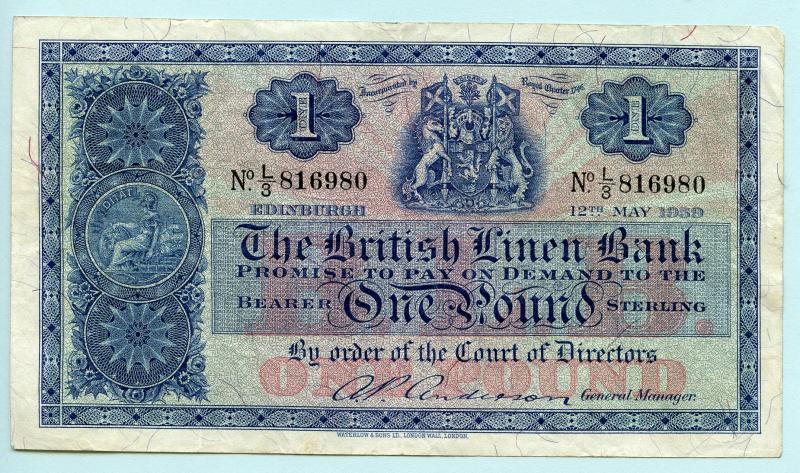 British Linen Bank  £1 One Pound Banknote Dated 12th May 1959