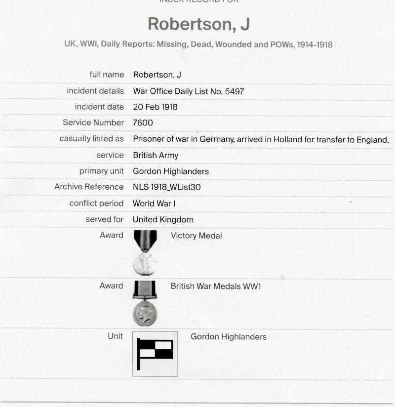 Queens South Africa Medal & 1914 Mons Trio September 1914 Prisoner of War Medal Group to Pte John Robertson Gordon Highlanders