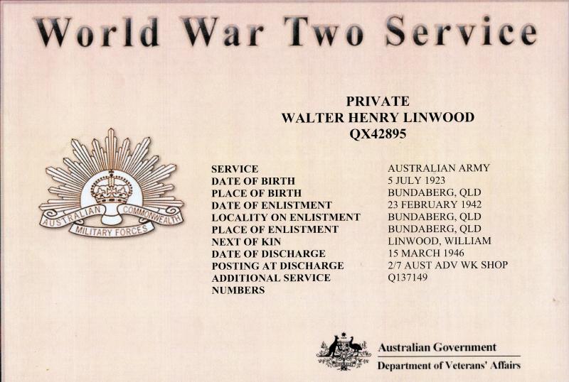 Australia WW2 War Service Medal 1939-1945 To walter Henry Linwood
