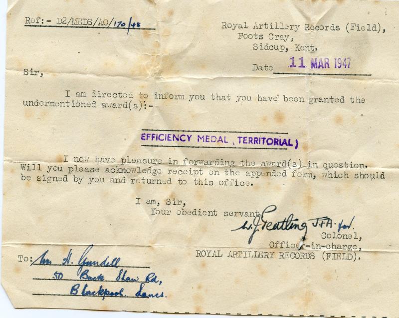 WW2 Territorial Medal Group to Gunner Harry Gundill, Royal Artillery