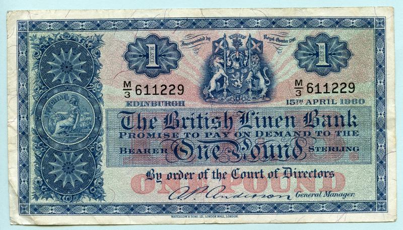 British Linen Bank  £1 One Pound Banknote Dated 15th April  1960