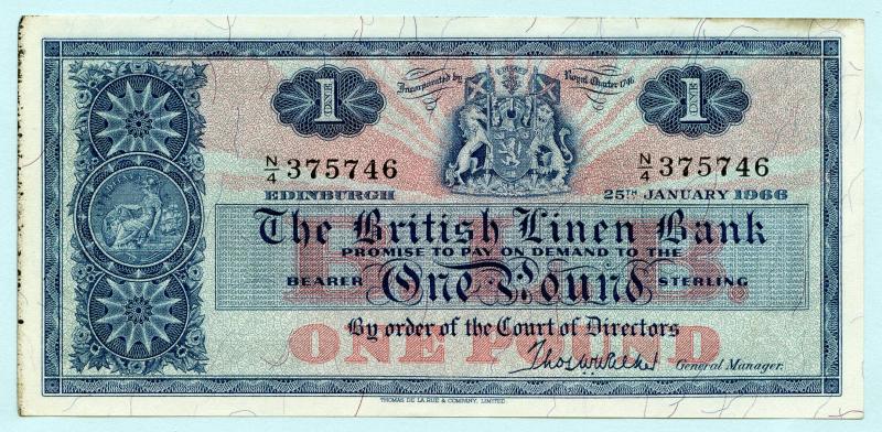 British Linen Bank £1  One Pound Banknote Dated 25th January 1966