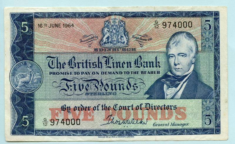 British Linen Bank  Five Pounds Banknote Dated 17th July 1964