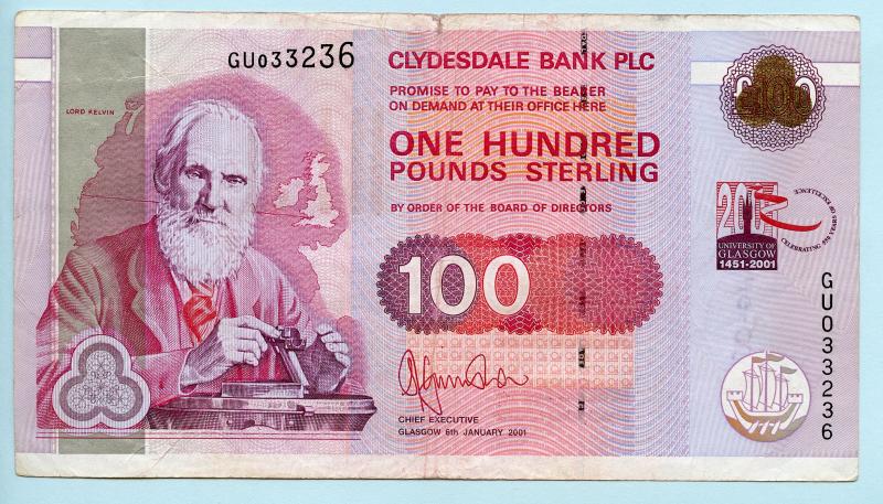 The Clydesdale Bank £100 One Hundred Pounds Banknote Glasgow university Commemorative 1451-2001 Dated 6th January 2001