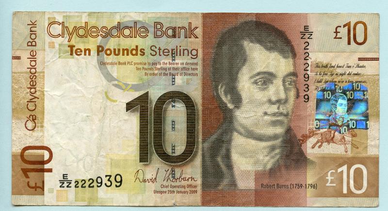 The Clydesdale Bank   £10 Ten Pounds Banknote Dated 25th January 2009 Replacement Note