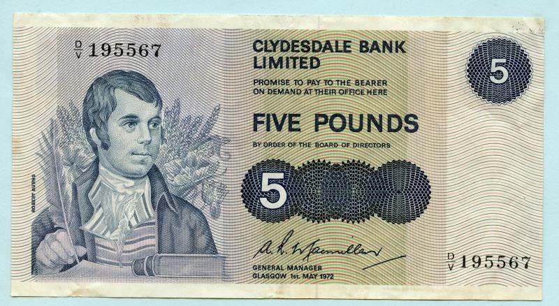 Clydesdale Bank £5 Five Pounds Note Dated 1st May 1972