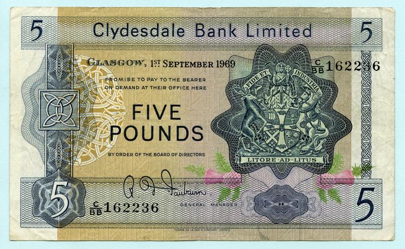 Clydesdale Bank  £5 Five Pounds Note Dated 1st September 1969