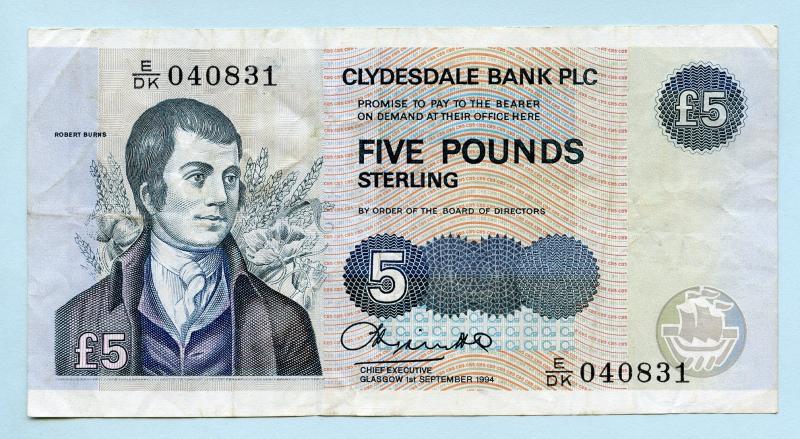 Clydesdale Bank £5 Five Pounds Note Dated 1st September 1994