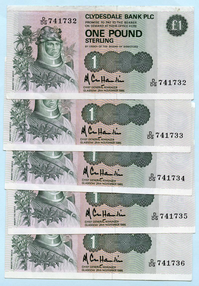 Clydesdale Bank  5 X £1 One Pound Notes Dated 25th November 1985