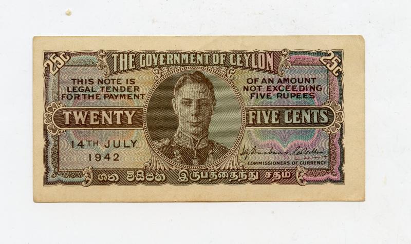 Ceylon 25 Cents Banknote Dated 14th July 1942