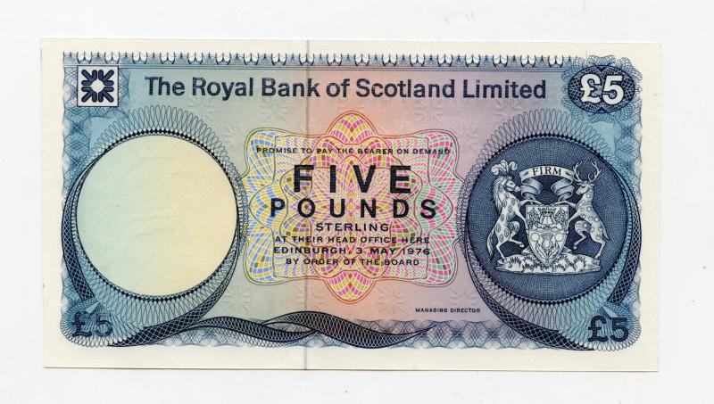 Error Royal Bank Of Scotland £5 Five Pound Note Dated 3rd May 1976 No Serial Number No Signature