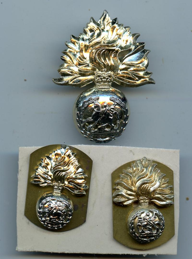 Royal Regiment of Fusiliers Anodised Cap Badge with pair of matching collar Badges