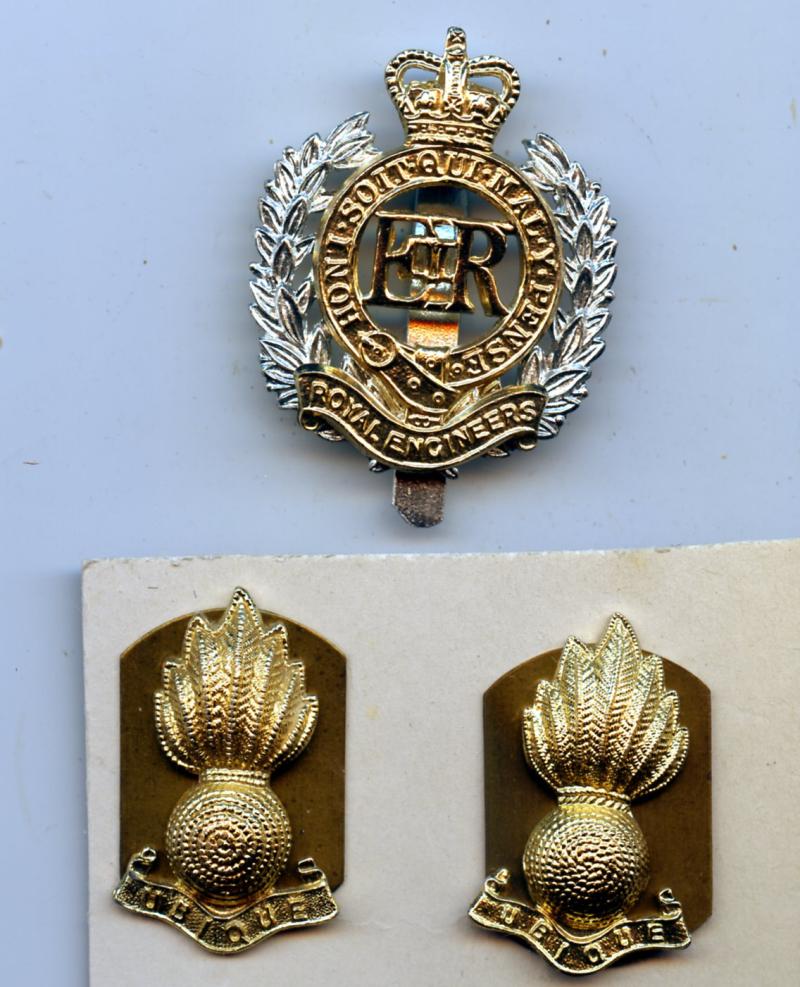 Royal Engineers Anodised Cap Badge with pair of Collar Badges