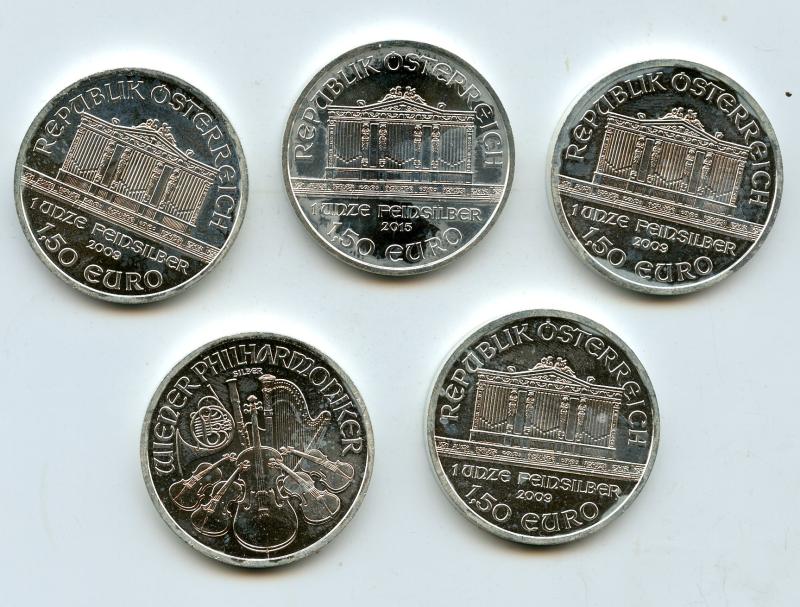 5 MIXED DATES  Austrian Silver Philharmonic 1 oz Coins