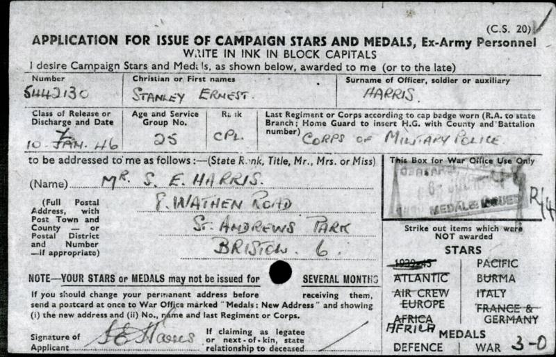 WW2 Medal Group To Cpl Stanley Ernest Harris, Royal Military Police ( From Bristol)
