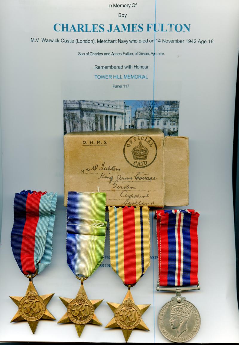WW2 Merchant Navy Casualty Group To Boy Charles James Fulton M.V.Warwick Castle