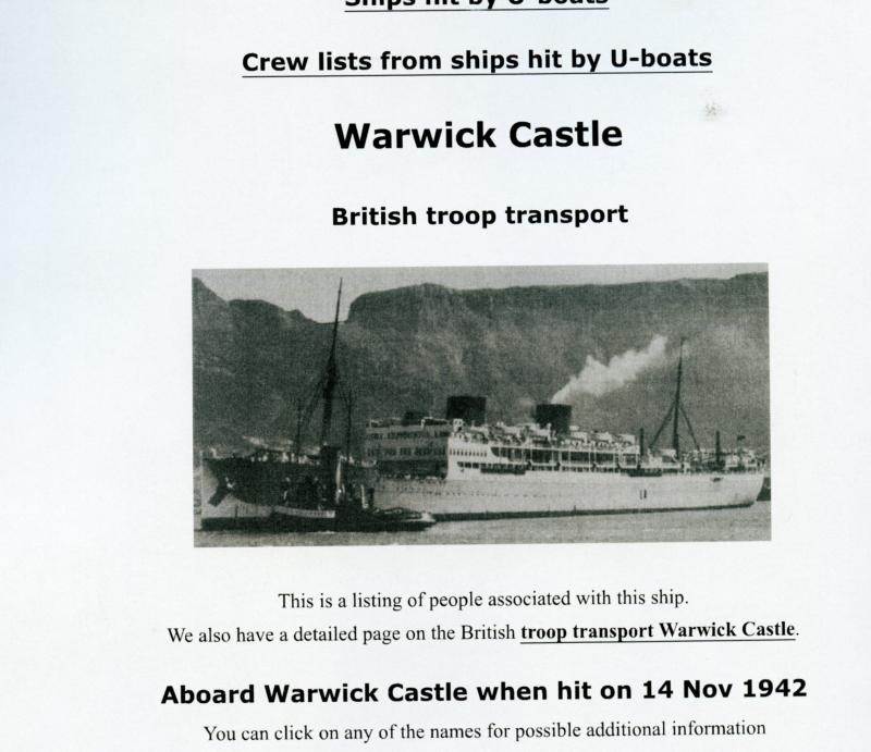 WW2 Merchant Navy Casualty Group To Boy Charles James Fulton M.V.Warwick Castle