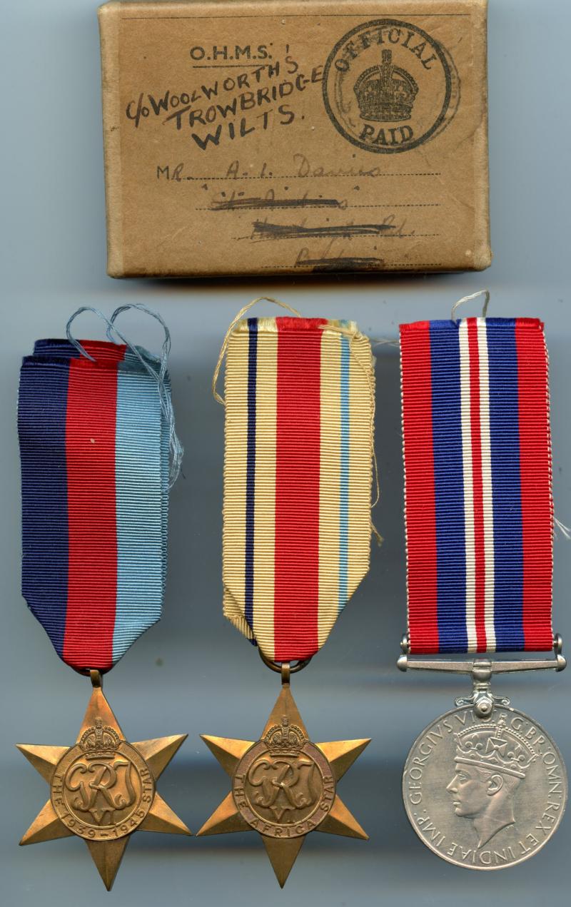 WW2 Boxed Africa Star Medal Group to A L Davies, Royal Artillery ( Trowbridge Wilts)