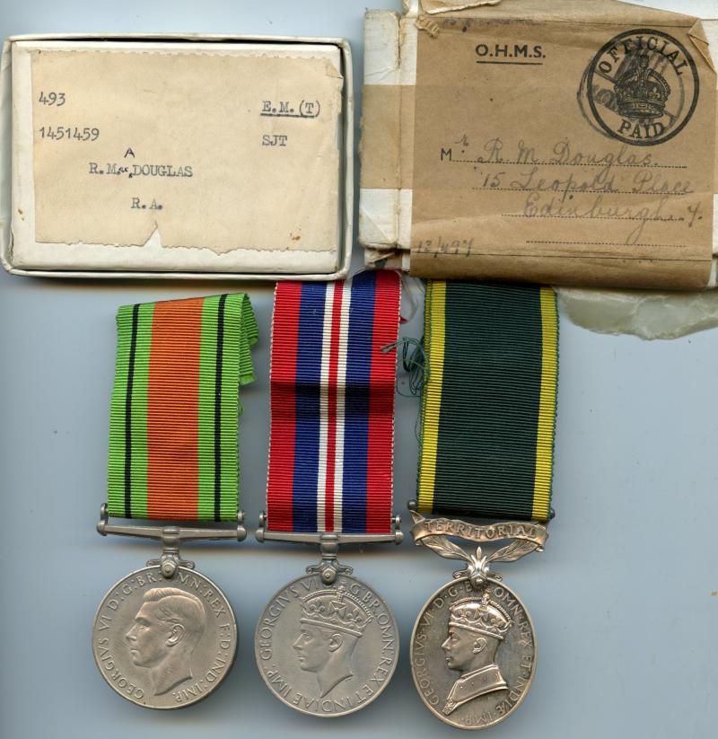 WW2 Territorial Group of Medals To Sgt Robert MacAlley Douglas, Royal Artillery ( From Edinburgh)