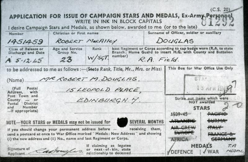 WW2 Territorial Group of Medals To Sgt Robert MacAlley Douglas, Royal Artillery ( From Edinburgh)