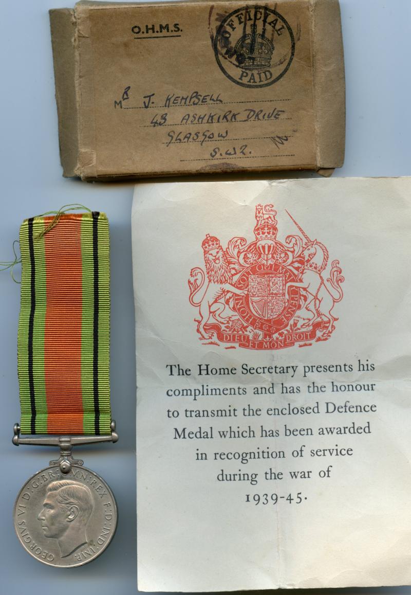 WW2 Boxed Defence Medal 1939-45 with Home Secretary Slip To MR J Kemsell of Glasgow