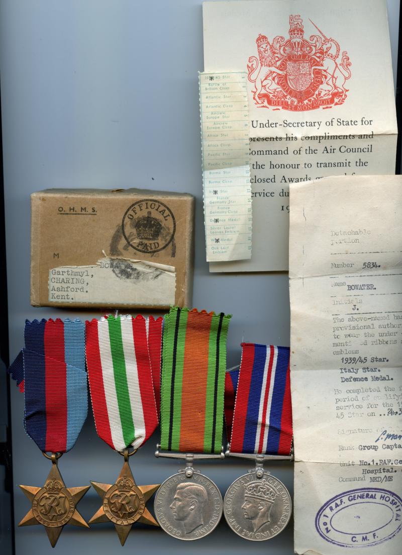 WW2 Boxed Medal Group to Group Captain J Bowater, RAF No 1 General Hospital C.M.F. ( From Ashford Kent)
