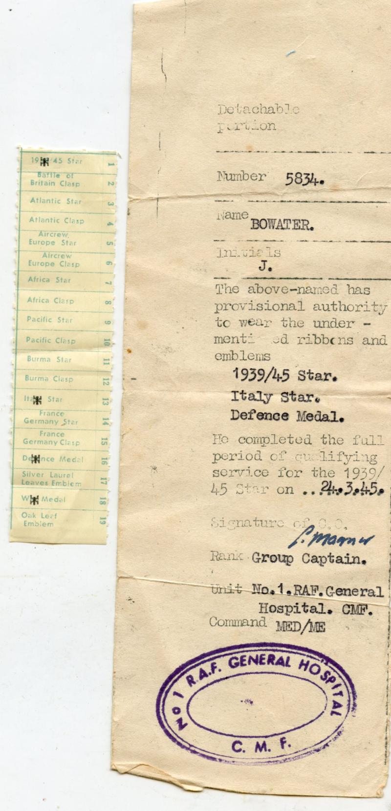 WW2 Boxed Medal Group to Group Captain J Bowater, RAF No 1 General Hospital C.M.F. ( From Ashford Kent)