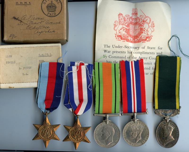 WW2 Territorial Medal Group to Bombardier Andrew Niven, Royal Artillery ( From Ochiltree Ayrshire)