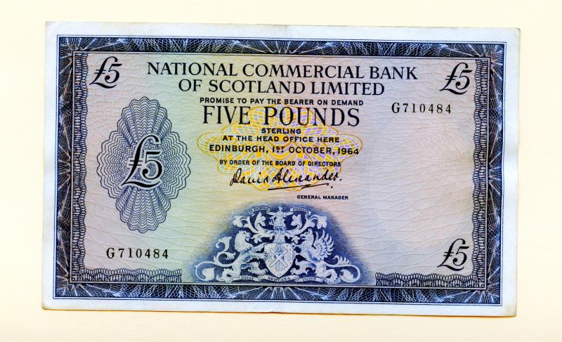 National Commercial Bank of Scotland  £5  Five Pounds Banknote Dated 1st  October 1964