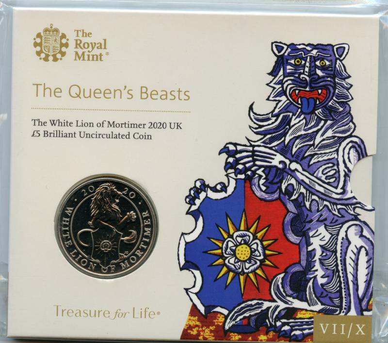UK  2020 The Queen's Beasts The White Lion of Mortimer Brilliant Uncirculated £5 Coin