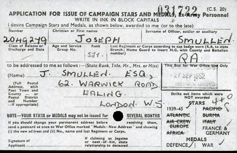 WW2 Territorial Group of Medals To Sjt Joseph Smullen, Royal Artillery