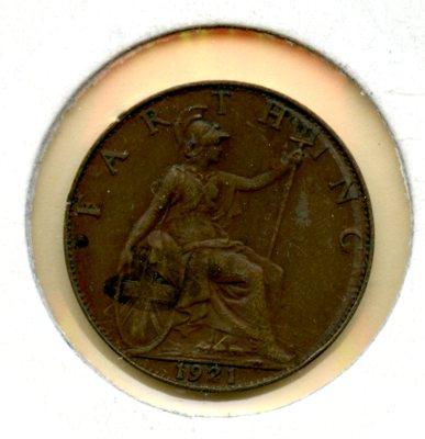 UK George V Farthing Coin Dated 1921