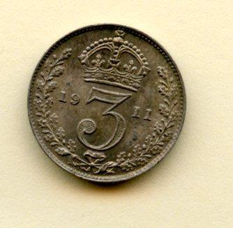 UK George V Three Pence Coin Dated 1911