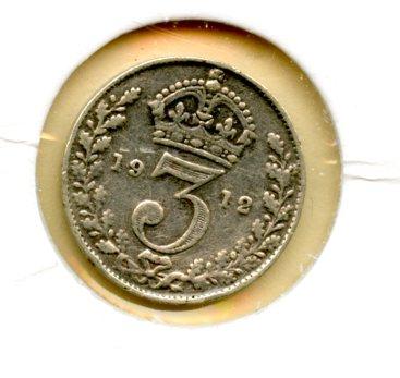 UK George V Three Pence Coin Dated 1912