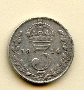 UK George V Three Pence Coin Dated 1914